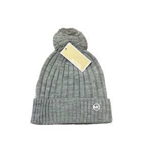 Michael Kors One Size Gray Heather Ribbed Pom-Pom Winter Hat Beanie NWT